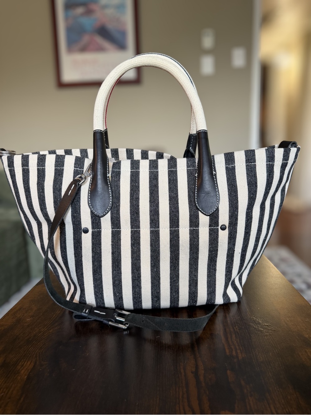 Polo by Ralph Lauren Black & White Striped Canvas Tote with Leather Trim - Picture 2 of 5